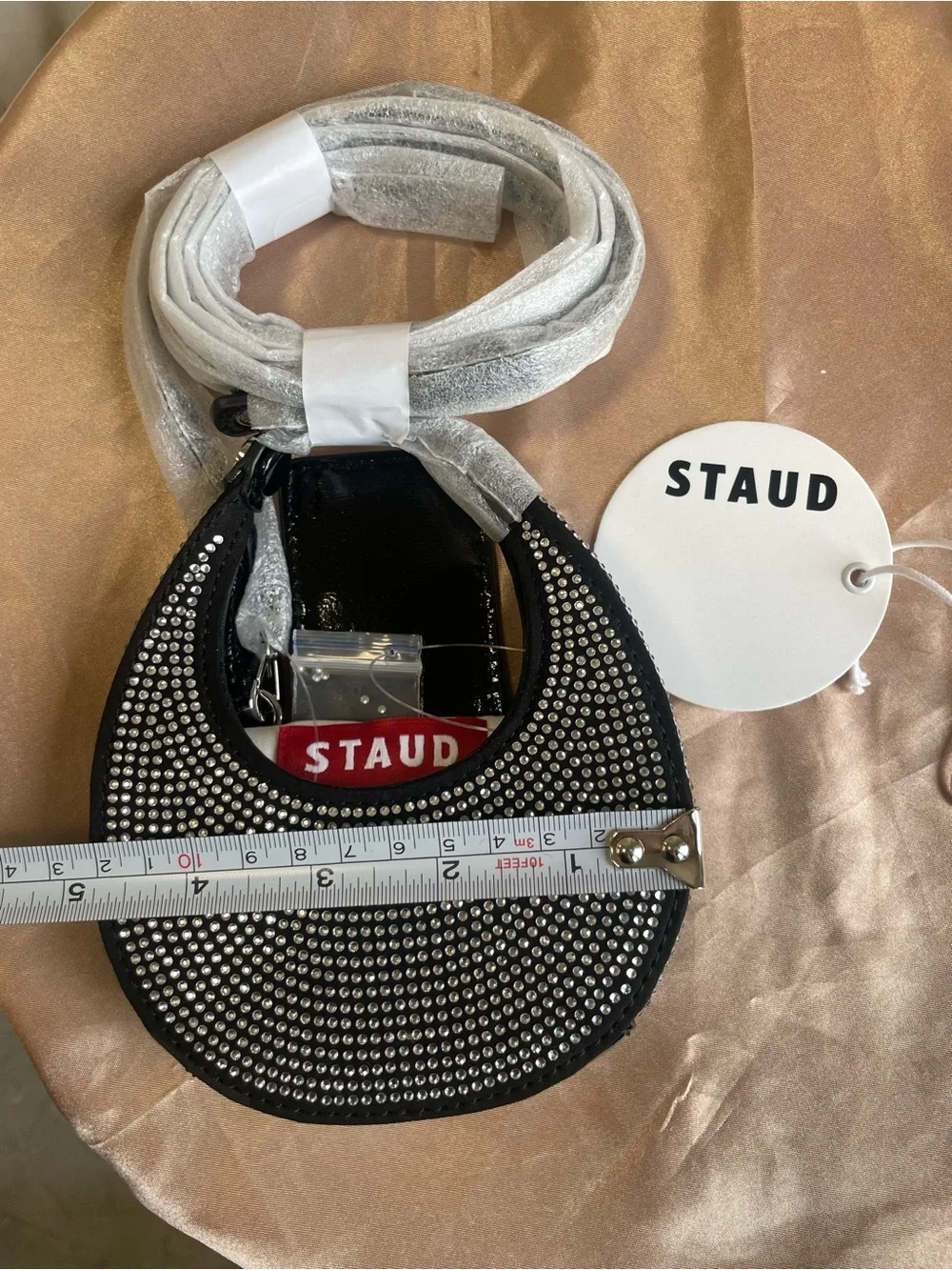 STAUD NWT Micro Moon Crystal Rhinestone Black Leather Crossbody Bag